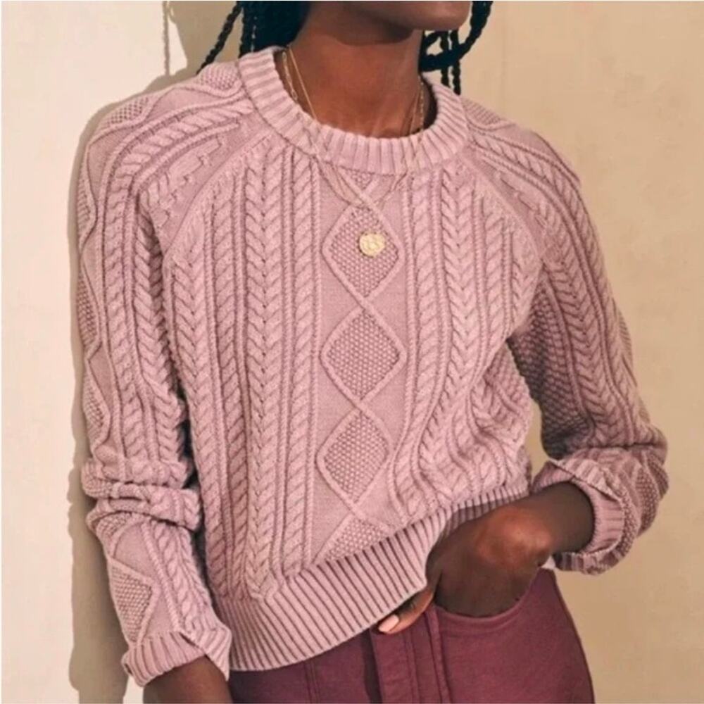 Faherty Sunwashed Cable Sweater Large Knit Sea Fog Purple Women Organic Cotton